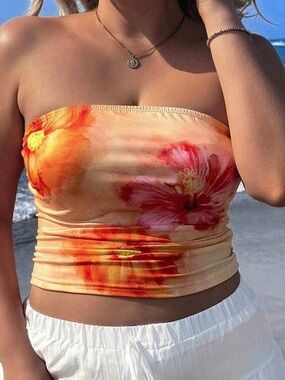 SHEIN Orange Peach Floral Strapless Tube Crop Top